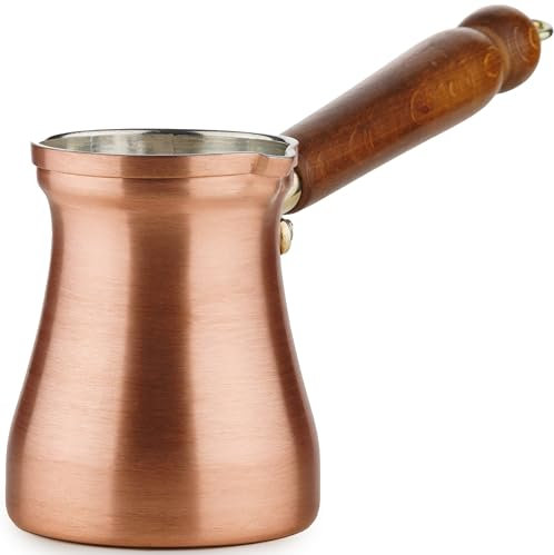 DEMMEX - Solid Brushed Copper Turkish Coffee Pot Cezve Ibrik Briki, Stovetop Greek Arabic Coffee Maker, Wooden Handle & Tin Lining, 100% Handcrafted (Copper, 240ml/2-3ppl)