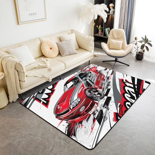Homewish Rennwagen Area Teppich für Kinder Männer, Speed Sport Auto Teppich 100Bx150L, Extreme Sport Indoor Bodenmatte Rechteckig, Schwarz Weiß Plaid Grid Dekorative Teppich für Esszimmer Unter Tisch