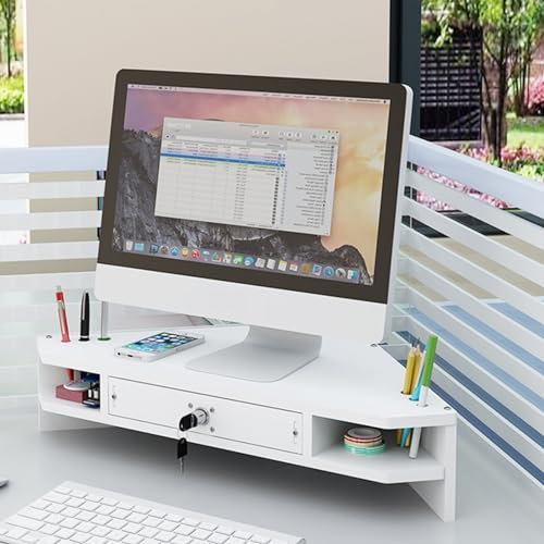 Desk Monitor Stand Riser with Pen Holder and Drawer Triangle Corner Design for Elevated Stands for Laptop TV Tablet 2 Shelf Office Organizer Storage Rack (White)