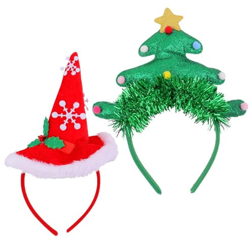 RXMORI 2 Stück Weihnachts-Kopfbedeckungs-Stirnbänder, Weihnachtsbaum-Stirnband, Rotes Spitzes Hut-Stirnband, Festliches Feiertags-Party-Zubehör, Haarreifen für Frauen und Mädchen