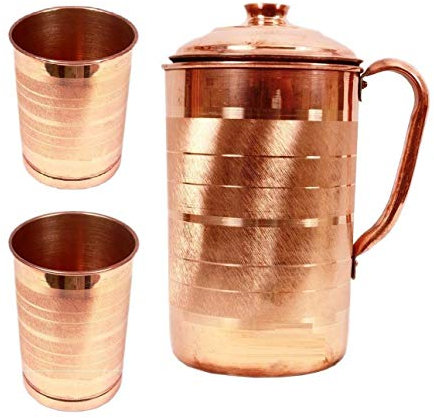 Jarra de agua martillada de cobre puro sin forro, sin revestimiento y sin laca (jarra de cobre) para beneficios de salud Ayurveda - Capacidad de 1000 ml con 2 vasos (jarra grabada con vidrio)