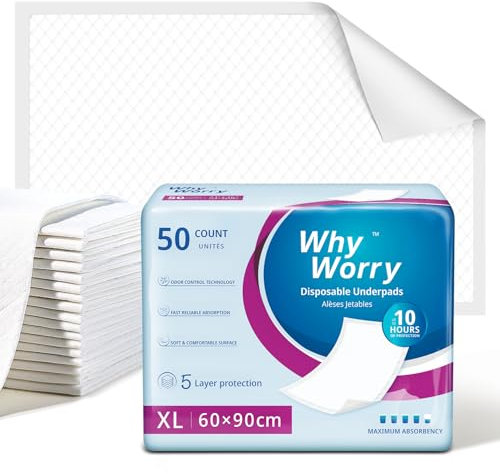 WhyWorry Disposable Incontinence Bed Pads 60 x 90 cm, Bed Wetting Mats for Adults, Underpads, Pee Pads, Mattress Protectors, Waterproof Bed Sheets for Babies & Children, 50 Count