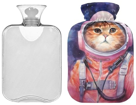 Wärmflasche mit süßer Katze im Astronautenkostüm, mit Samtbezug, 1L Wärmbeutel für heiße und kalte Kompresse, Handfüßwärmer, ideal für Menstruationskrämpfe, Nacken- und Schulterschmerzen
