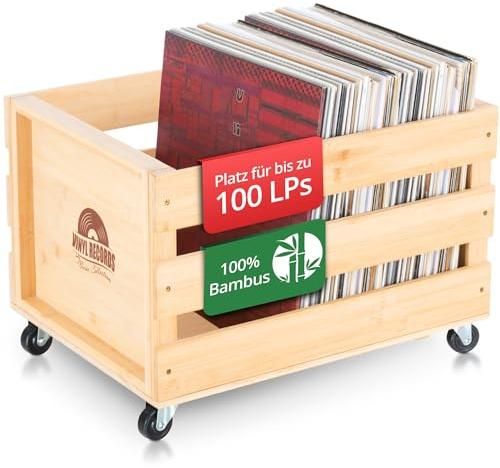 Stagecaptain SPKB-100 NT Bambus Schallplattenkiste “Emil” 3x Set - Aufbewahrungsbox für bis zu 100 LPs - aus Bambus - 4 lenkbare Rollen - auch für vieles andere bis 25 kg verwendbar - Natur
