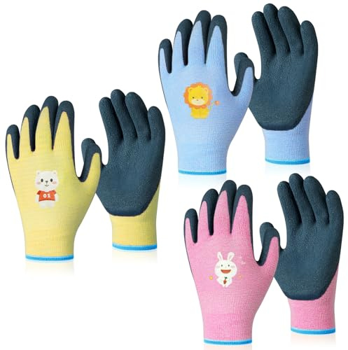 Ainiv 3 Pares de Guantes de Trabajo para Niños 8-12 Años, Guantes de Jardinería de Goma (XS, Rosa, Azul, Amarillo)