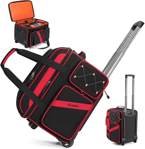 BOSSTIN Rolling DJ Cable Bag with Wheels, DJ Gig Bag Case for Equipment with 15.6 Laptop Compartment, Padded Detachable Dividers, Multi-Pocket Travel Storage for Music Gear & Accessories