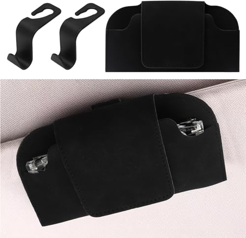 Sonnenbrillenhalter für Auto Visier Mit 2 Haken,Brillenhalter für Auto Sonnenblende Mit Clips,Universal-Visier Auto Sonnenbrillenhalter Leder,brillenetui brillenablage Auto,Zubehör Innenraum Schwarz