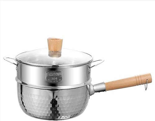 Traditional Japanese Yukihira Pan with Lid & Steamer, Stainless Steel Milk Sauce Pan Hammered Nostick Saucepan for Ramen/Milk Etc,Silver,16cm