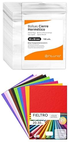Lote de Bolsas Herméticas 60x80mm (100 uds.) - Ofituria + Fieltro de Colores para Manualidades 20x30cm (20 uds.) – Conservación, Almacenaje y Proyectos DIY – Reutilizables y Creativos