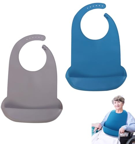RPHONGHONG 2 stycken Silikonhaklappar för Vuxna, Tvättbar Haklapp med Uppsamlingsbricka, Återanvändbar Justerbar Haklapp för Äldre (Grå, Blå)