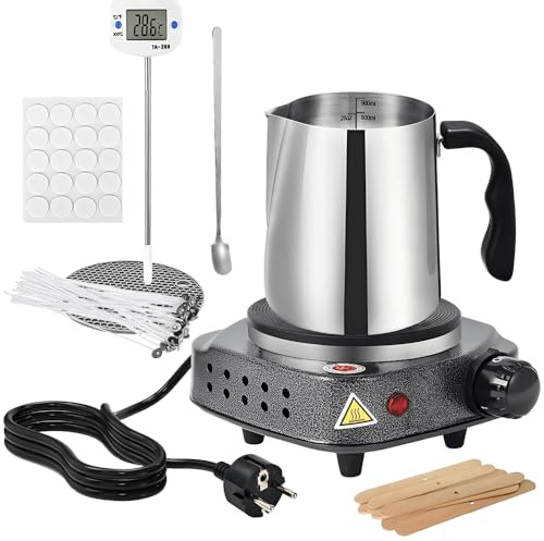 KUWUNG Kit per Produzione Candele Fai da Te con Fonditore di Cera 900 ml, Piastra Riscaldante Elettronica, Termometro, Cucchiaio, Porta Stoppino