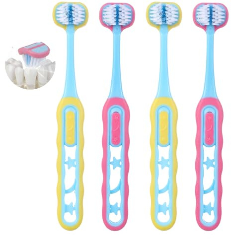 4 Pack Autism Toothbrush, 3 Sided Toothbrush Soft Bristles, Triple-Sided Design for Ages 1-12, Easy Grip Handle & Complete Care