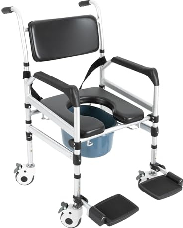 Silla de ducha con ruedas, 48 – 54 cm de altura, plegable, capacidad de carga de 100 kg, para personas mayores, silla de ruedas a prueba de caídas con inodoro, cubo extraíble