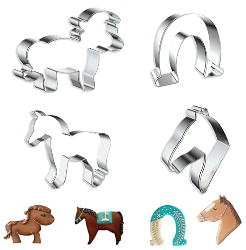 Pferde Ausstechfomen Set, 4 Stück Pferde-Form Keksausstecher, Edelstahl Plätzchen Ausstecher, Pferdeform in 2 Größen + Hufeisen-, Pferdekopf -Form, Geschenk für Backen Fondant Torten (Silber-1)