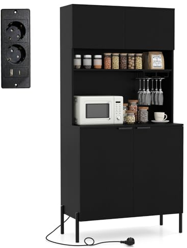 COSTWAY Küchenschrank Holz, Buffetschrank mit Ladestation, Hochschrank mit Türen, Weinglashalter & Arbeitsplatte, Vorratsschrank Aufbewahrungsschrank, für Küche Esszimmer, 80x40x164 cm, Schwarz