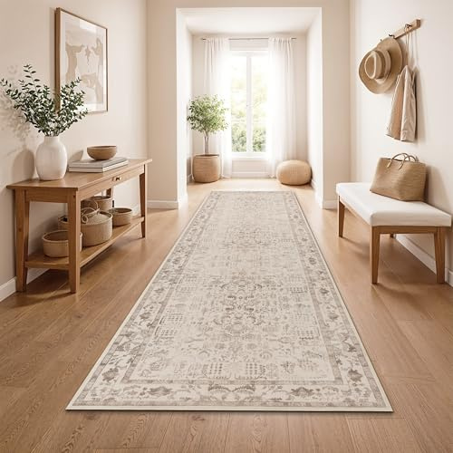Paco Home Alfombra De Pasillo Vintage Pelo Corto Estilo Boho Lavable Antideslizante Facil Cuidado Diseno Retro Moderno, Color:Beige 4, tamaño:80x150 cm