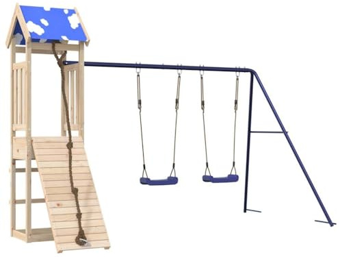 Spielturm Massivholz Kiefer mit Schaukel, Klettergerüst, Sandkasten und Rutsche, Outdoor Gartenspielgerät für Kinder, stabile Holzplattform 90 cm, Doppelschaukel Set, wetterfest