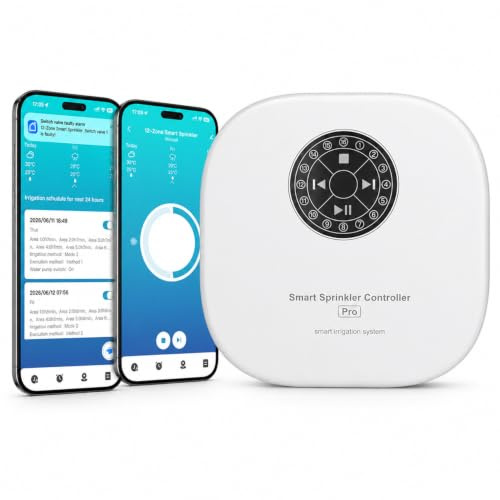 Smart WLAN bevattningsdator 12 zoner, appstyrd sprinklerkontroll för trädgård och gräsmatta, automatisk väderjustering, regnsensor överhoppning, enkel gör-det-själv-installation