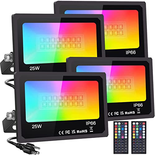 Upgraded LED Flood Light Outdoor 25W 4 Pack, DIY Color Changing Christmas Lights Outdoor Patio Floodlights with Remote, IP66 Waterproof RGB Spot Light Timing Uplights for Events Party Stage Light