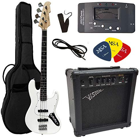 BASSO ELETTRICO BIANCO - BASSI ELETTRICA WHITE - SET ELLETRICHE CON AMPLIFICATORE DA 30WATT - BORSA - PLETTRO - CORDE - MSA musicinstrument