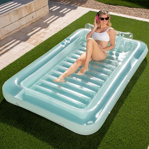 Sloosh 85 x 57/2.1 x 1.4m aufblasbarer Sonnenpool Tanning Pool, Luftmatratzte Pool, Sonnenbad mit abnehmbarem Kissen,Luftmatratze Wasser für Erwachsene, Sommerspaß, Wasserparty-Cyan