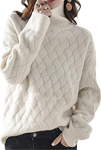 Pokem&Hent Otoño e invierno Jersey de punto de gran tamaño Cuello alto para mujer Suéter grueso de cachemira, Blanco, M - L