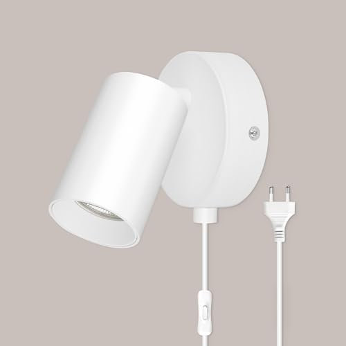 TaFiCo GU10 Applique da Parete Interno - Bianco Applique con Spina per Cavo e Interruttore 350°Girevole Lampada da Parete Metallo Vintage Lampada a Muro Camera da Letto Senza Lampadina