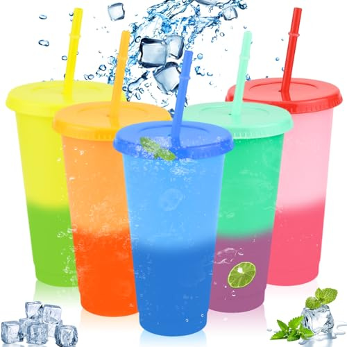 Lot de 5 gobelets en plastique réutilisables et sans BPA avec couvercles et pailles, 710 ml – Gobelets réutilisables et sans BPA pour café smoothie fondant – Gobelets de fête pour enfants et adultes