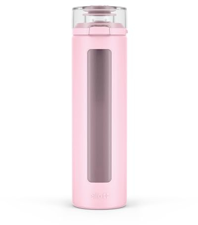 Ello Syndicate 20oz Reusable Glass Water Bottle with One-Touch Leak Proof Flip Lid, Protective Non-Slip Silicone Sleeve, Carry Loop for Coffee, Tea and Water, BPA-free, Dishwasher Safe, Cashmere Pink