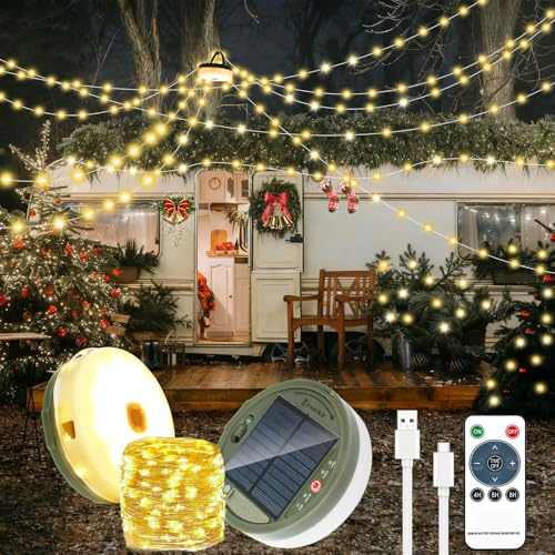 GEYUEYA Home Weihnachtsbeleuchtung Außen Aufrollbar Solar - 20m 3600mah Warmweiß Wasserdicht, Aufrollbare Lichterkette Camping Außen, IP65 Wasserdichte, Garten, Wandern
