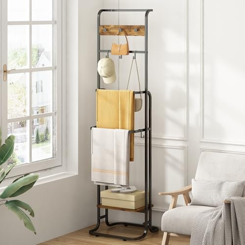 Wisdom Star 63.7 blanket ladder, 4-Tire Blanket Ladders for the Living Room, Decorative Ladder with 5 Hooks for Storage for Home, Bathroom, Bedroom, Brown