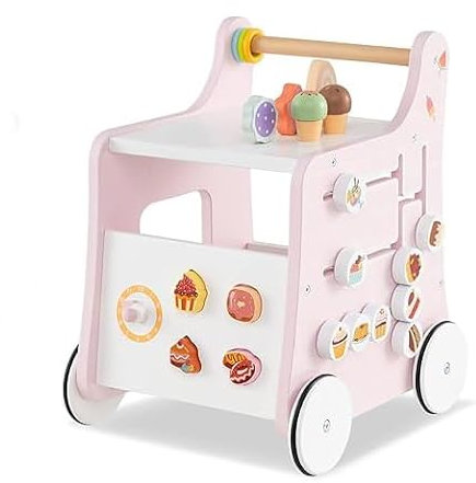 GYMAX 2 in 1 Girello in Legno per Bambini, Carrello dei Gelati con Accessori Interattivi e Ruote Antiscivolo, Centro Attività per Imparare a Camminare per Bambini 1+ Anni (Rosa)