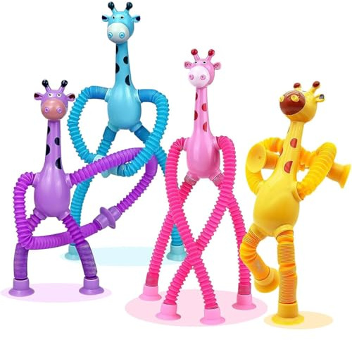 OIXEYA Juguete Ventosa Jirafa Telescópica, 4 PCS Juguete Jirafa Telescópica Ventosa, Juguete Jirafa Tubos Elásticos Sensoriales, Juguete Sensorial Jirafa, Juguete Tubos Sensoriales