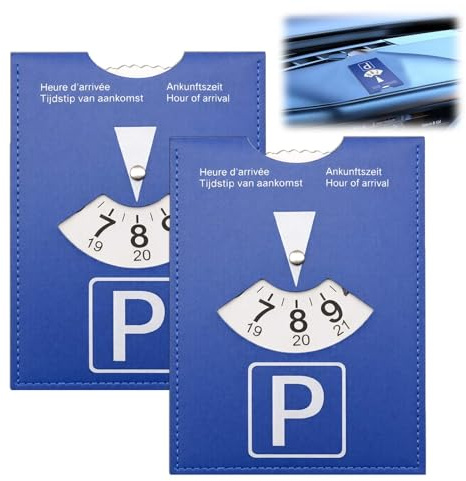 Kluz Lot De 2 Disques De Stationnement Bleu Voiture en PU, Disque Parking Bleu Zone Européenne Multilingue (FR/DE/en/NL), Heure Réglable, Réutilisable 11×15 cm