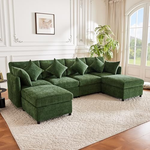 Yihomfy Divano ad angolo convertibile moderno a forma di U da 278 cm con pouf rimovibile, divano a 6 posti profondo in ciniglia con 6 cuscini per soggiorno, camera da letto e appartamento, verde