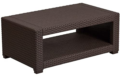 Flash Furniture Seneca Indoor/Outdoor Chocolate Brown Faux Rattan Coffee Table with Open Storage