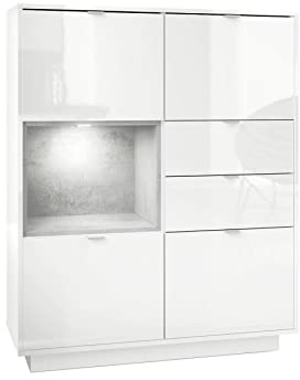 Vladon Highboard Sideboard Metro, Made in Germany, Korpus in Weiß Hochglanz/Fronten in Weiß Hochglanz mit Einsatz in Beton Oxid Optik, inkl. LED Beleuchtung