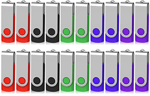 Lot de 20 Clé USB 4 Go Pivotant Stockage Carte Mémoire Flash Drive Clés USB 2.0 Stockage et Transfert de Données Numériques(Vert/Rouge/Noir/Bleu/Violet) (4GB*20PCS) | Comprend une lanière, un design de coque rotatif, facile à transporter et largement compatible