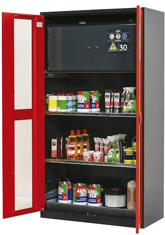 asecos | Chemikalienschrank | Tür mit Sichtfenstern | mit Gefahrstoffbox Typ 30 | verkehrsrot