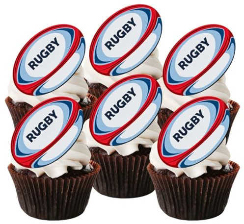 PRE-CUT Rugby Ball Edible Cupcake Toppers – 5cm/2 Inch Wafer Card Decorations – Sports Theme Cake Decor for Birthdays & Parties (Pack of 12)