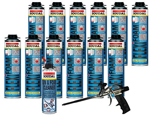 Soudal Sparset 12x Flexifoam Fensterschaum 500ml + Schaumpistole Professionell + Pistolenreiniger