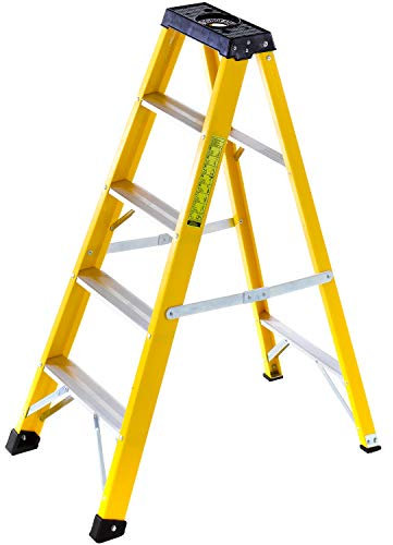 0.9m Tall FIBREGLASS Swingback Step Ladders -5 Tread- Professional Lightweight Steps – Wide Non-Slip Flat Rungs & Feet – Trade Decorating & Home DIY Climber – 2.1m Working Height/Reach