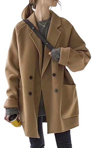 GL SUIT Cappotto di lana da donna, cashmere, trench, autunno, inverno, tinta unita, doppiopetto, caldo, media lunghezza, giacca larga, outwear, cammello, S