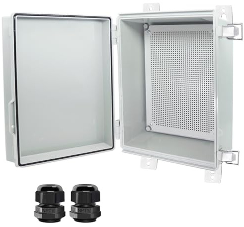 Otdorpatio Abzweigdose, Scharnierabdeckung Edelstahl Verriegelung IP67 Wasserdicht ABS Projektbox mit 2 PG21 Kabelverschraubung, Elektrokastengehäuse mit Montageplatte & Wandhalterung 13x9.8x5.9 Zoll