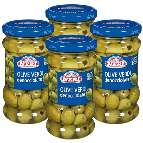 Neri Sottoli - Olive Verdi Denocciolate - Ideali come Condimento per Primi e Secondi piatti, Insalate e come Antipasto - Sapore Delicato e Gustoso - 4 Confezioni da 290 g