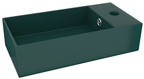 vidaXL Lavabo de Salle de Bain avec Trop-plein Vasque à Poser de Toilette Lave-mains de Salle de Bain Cuisine Maison Intérieur Céramique Vert Foncé