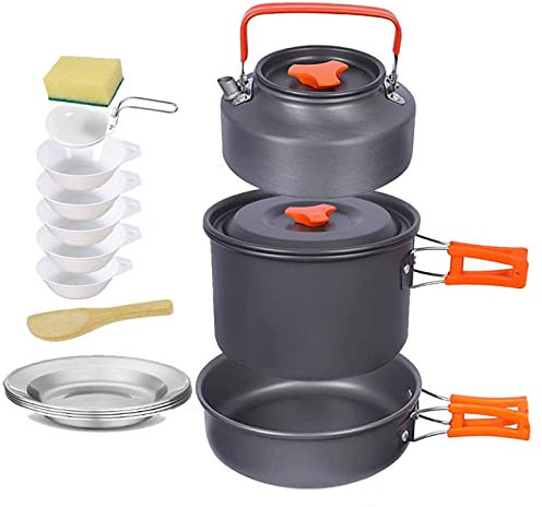 WHYUNM26 15-teiliges Camping-Kochgeschirr für 4–5 Personen, Lagerfeuer, Outdoor, Wandern, Rucksackreisen, Picknick, Kochen, Edelstahl, Topf, Pfanne, Schüssel, Löffel-Set