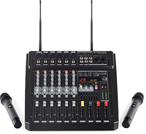 Pronomic Powermake 600 Powermischer - 6-Kanal-Mischpult - 2 UHF-Funkmikrofone - 760 Watt RMS-Leistung - 24Bit Multi-Effekt-Prozessor - Bluetooth®/USB-Player/Recorder - Grafischer Equalizer - Schwarz
