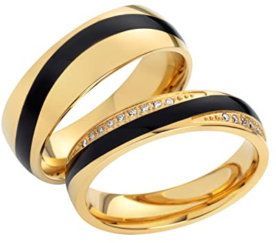 Paar Partnerringe & Eheringe aus Edelstahl mit Emaille Einlage – Ringpaar 5 mm / 7 mm mit Zirkonia & Wunschgravur - Trauringe Freundschaftsringe im Etui | 8016