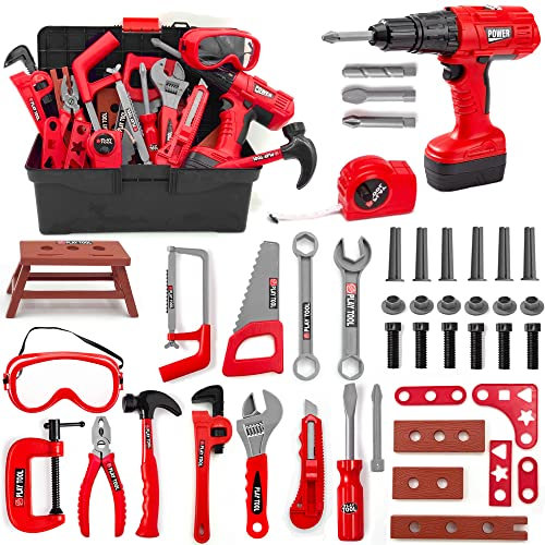 Hyrenee Tool Set for Kids 48 Pieces Work Tools Toy Kid Construction Tool Box with Drill Educational Pretend Imitation Game Gift for Children 3 4 5 6 7 8 Years Red